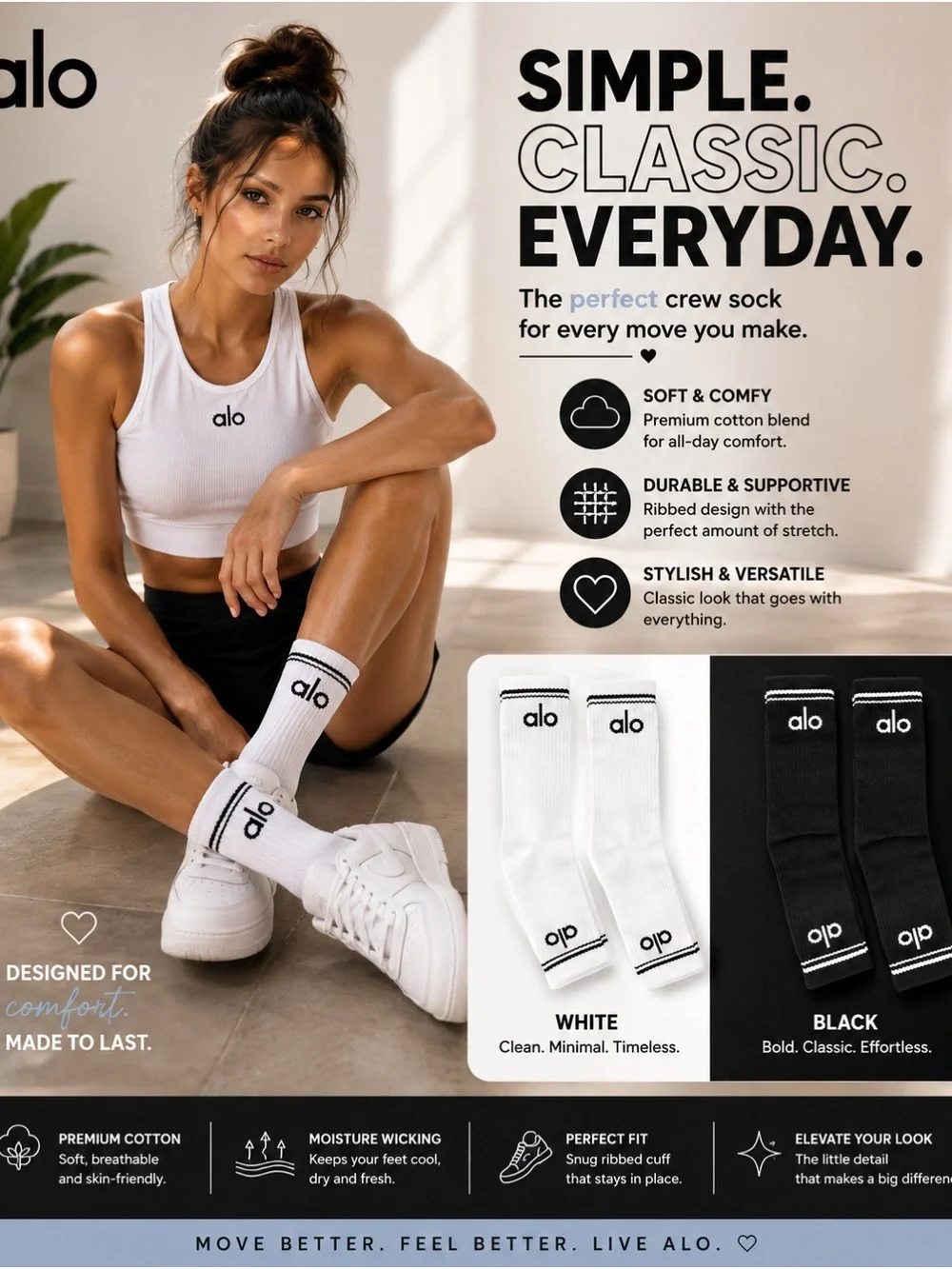 ALO Yoga Crew Socks — White and Black Logo